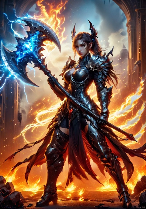 A double ponytail girl, tall woman, long-legged beauty, toned figure, smooth muscle lines, increase body details, increase muscle lines, increase background, female warrior wielding a long axe, a giant axe wrapped with lightning and fire, young girl, high quality beauty sister, future technology battle armor, biological battle armor, city guard, War Hime, Valkyra, fighting women, Tight combat suit, monster armor, Real combat effects, movie texture, movie light effects, Wide shoulders, narrow waist, pear-shaped body, open-fingered combat gloves, Biotech, two legs, two arms, two hands, two feet, five toes, five fingers, increased combat damage, blood rush battle scenes,