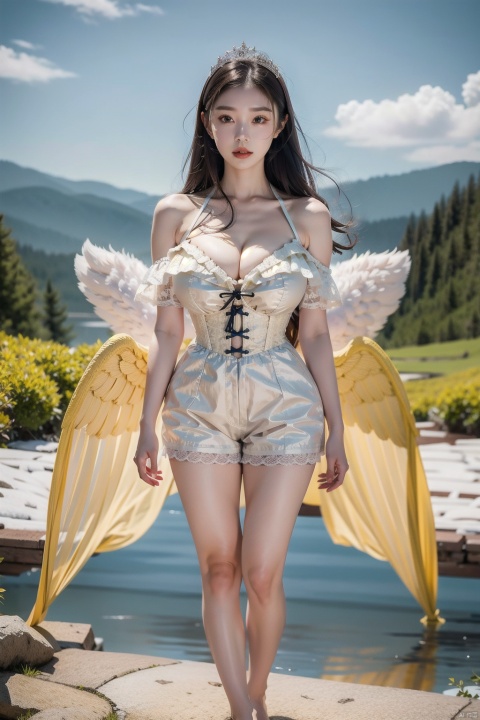  Pear-shaped body, perfect waist-to-hip ratio, swan neck, beautiful collarbone chain, super long hair, big boobs, long-legged beauty, huge wings on the back, angel wings, halter romper shorts, big V-neck open corset, lace lace, wearing a tiara, high sense, outdoor shooting, photo album, muscular, off-the-shoulder, bare-legged, barefoot, blue sky, white clouds, Quiet plateau background, snow mountains can be seen in the distance, lace corset, accompanied by a black horse and a yellow dog, real beauty, adding details, soft light, white skin, correct body structure, body art, private portrait, girlish feeling, five toes, five fingers, showing their body, confident woman, multi-action, multi-angle shooting, seductive art, High definition,