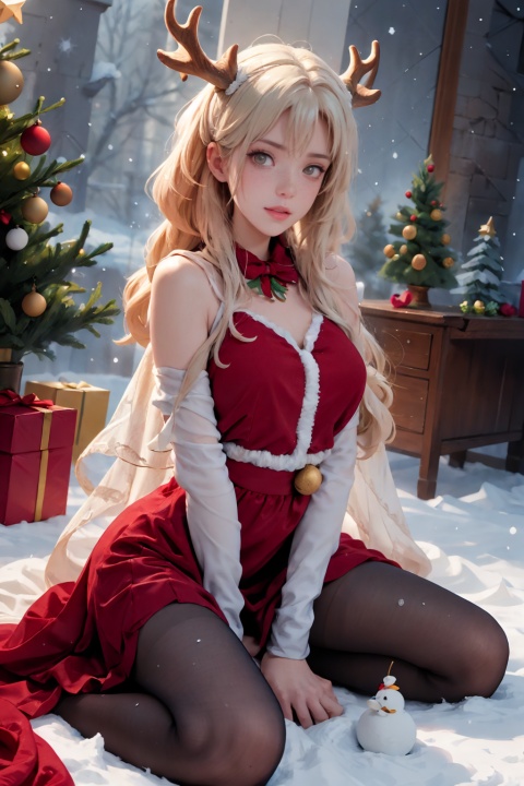  ((best quality)), ((masterpiece)), small breasts,20-year-old girl, (solo), (snowing:1.5),((snow Forest background)), ((christmas red velvet shawl dress, plush antler headwear)), Vintage portal, photography style, soft focus,Blonde hair, freckles, Detailed light and shadow, Front light source, christmas photo, christmas tree, Christmas present, Christmas stocking, White lace knee socks, warm ligh,hair ornaments,1girl, xiqing, tutututu, NSFW, 1girl, red skirt, (tutututu), spider_lily,SFW, medium breasts, CN GIRL5, torn pantyhose, HUBG_CN_illustration, christmas, yunbin, (red edge thighhighs), (red edge stockings)