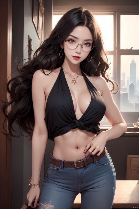  A sexy girl, long curly hair, big wavy hair, model figure, tall female, oily skin, delicate face, extremely detailed hands and feet, two hands, two feet, perfect body proportions, body proportions do not break, belly button halter vest, skinny jeans, metal buckle belt, glasses on the bridge of the nose, hand-held glasses, looking over the top of the glasses, Show yourself, black silk, perspective effect, soft light, smooth muscle lines, Hong Kong style, one-handed shoes off, high heels, blood vessels raised, naked clothes change, black long straight, necklace, eye shadow, lipstick, 16k screen, movie texture, full chest to hold up clothes, raised points, high heels hanging on the feet, high heels, showing their feet, indoor background, warm home, ll-hd, Mature, black pantyhose, eyeglasses