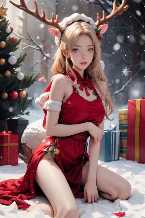  ((best quality)), ((masterpiece)), small breasts,20-year-old girl, (solo), (snowing:1.5),((snow Forest background)), ((christmas red velvet shawl dress, plush antler headwear)), Vintage portal, photography style, soft focus,Blonde hair, freckles, Detailed light and shadow, Front light source, christmas photo, christmas tree, Christmas present, Christmas stocking, White lace knee socks, warm ligh,hair ornaments,1girl, xiqing, tutututu, NSFW, 1girl, red skirt, (tutututu), spider_lily,SFW, medium breasts, CN GIRL5
