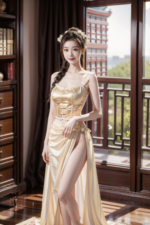 National style, chest wipe, horse skirt, bare shoulder, collarbone, collarbone chain, white lace corset top, lower body with horse skirt, exposing legs, bare feet, tall female, wide shoulder narrow waist, white skin, delicate face, shaking a fan in the hand, smiling expression, a slight smile is very beautiful, side head, landscape background, Chinese Niang, senior sense, real beauty, long legs and big breasts, Braids in one side scorpion braid,