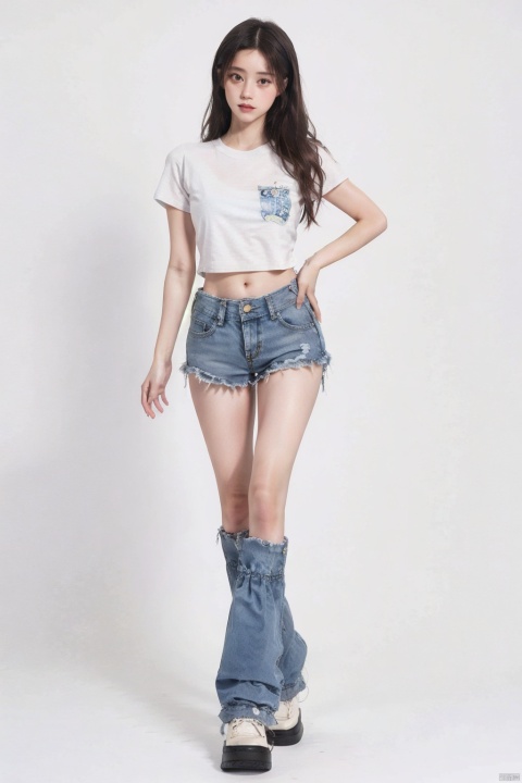 White sneakers, white socks, white T-shirt short sleeves, blue denim shorts, young girl, long legs and big breasts, nice day, delicate face, pear-shaped body, tall woman, model body, waist-to-hip ratio perfect, adds detail, adds background, fair skin, oily body, dancing, supermodel, dopamine, aimeibo