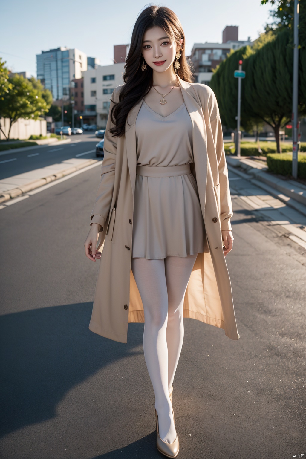 Eastern female, young girl, girlish feeling, sweet smile on the face, slim figure, full chest, big chest, long legs, fleshy body, no pencil legs, five toes, five fingers, two legs, two hands, pantyhose, pantyhose feet, wearing high heels, beige long trench coat, high beauty, small fragrance, holding a baby, baby fat, earrings, Necklace, soft light, road background, short skirt suit, movie texture, 16K, HD picture quality, real girl, full of details, super details, long hair, updo, confident woman, full of charm, sexy, protruding back, great hips, maternal glory, baby carriage