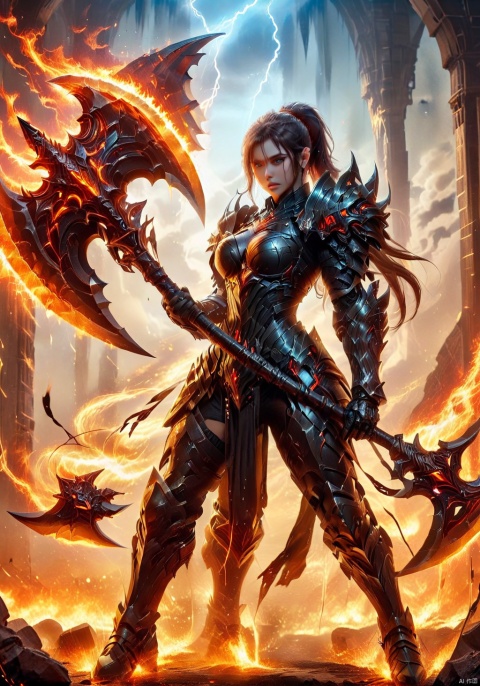 A double ponytail girl, tall woman, long-legged beauty, toned figure, smooth muscle lines, increase body details, increase muscle lines, increase background, female warrior wielding a long axe, a giant axe wrapped with lightning and fire, young girl, high quality beauty sister, future technology battle armor, biological battle armor, city guard, War Hime, Valkyra, fighting women, Tight combat suit, monster armor, Real combat effects, movie texture, movie light effects, Wide shoulders, narrow waist, pear-shaped body, open-fingered combat gloves, Biotech, two legs, two arms, two hands, two feet, five toes, five fingers, increased combat damage, blood rush battle scenes,