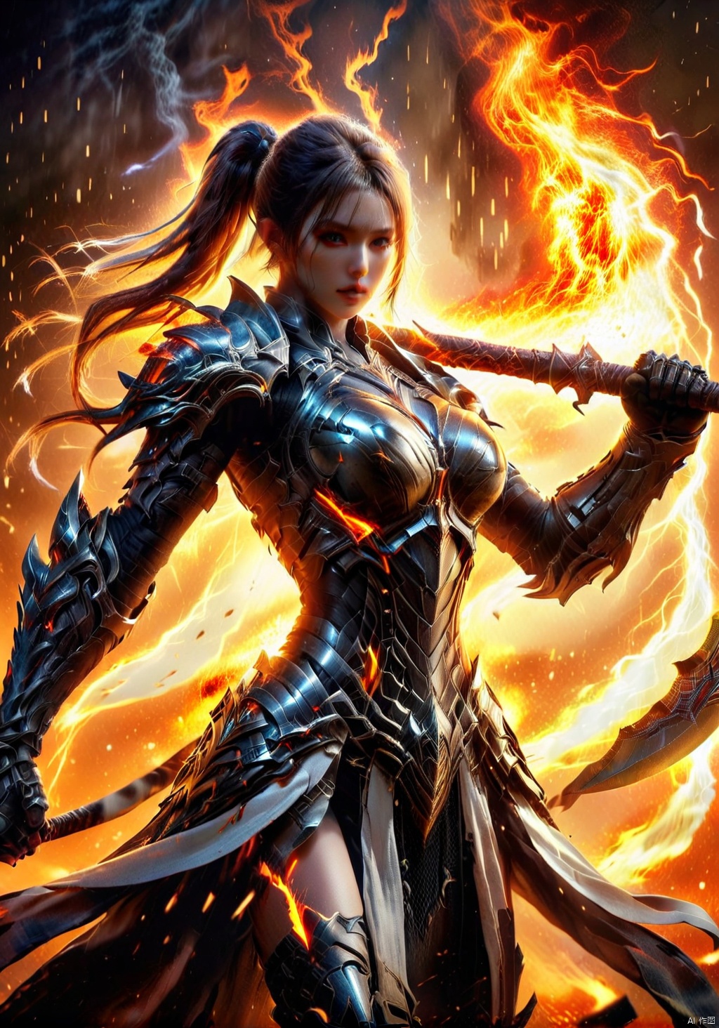 A double ponytail girl, tall woman, long-legged beauty, toned figure, smooth muscle lines, increase body details, increase muscle lines, increase background, female warrior wielding a long axe, a giant axe wrapped with lightning and fire, young girl, high quality beauty sister, future technology battle armor, biological battle armor, city guard, War Hime, Valkyra, fighting women, Tight combat suit, monster armor, Real combat effects, movie texture, movie light effects, Wide shoulders, narrow waist, pear-shaped body, open-fingered combat gloves, Biotech, two legs, two arms, two hands, two feet, five toes, five fingers, increased combat damage, blood rush battle scenes,