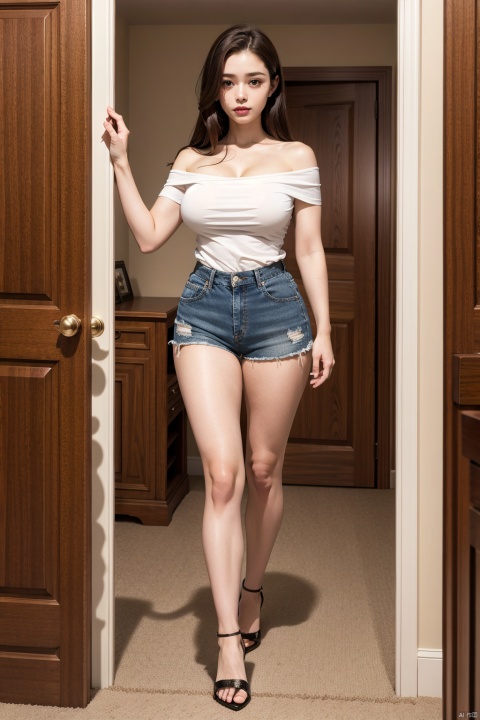 A girl, long hair, wearing a waist to waist T-shirt, off-the-shoulder T-shirt, short shorts, shorts are blocked by the T-shirt, room interior background, crotch dance, sexy, seductive art, real scene, bare legs, ripped T-shirt, wearing transparent high heels on the foot, long legs, big breasts, white skin, standing in the doorway dancing, one hand on the door frame, swinging hair, muscular, Pear-shaped, tall female, full detail, add detail, add background,