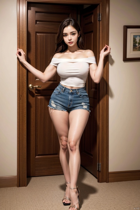 A girl, long hair, wearing a waist to waist T-shirt, off-the-shoulder T-shirt, short shorts, shorts are blocked by the T-shirt, room interior background, crotch dance, sexy, seductive art, real scene, bare legs, ripped T-shirt, wearing transparent high heels on the foot, long legs, big breasts, white skin, standing in the doorway dancing, one hand on the door frame, swinging hair, muscular, Pear-shaped, tall female, full detail, add detail, add background,