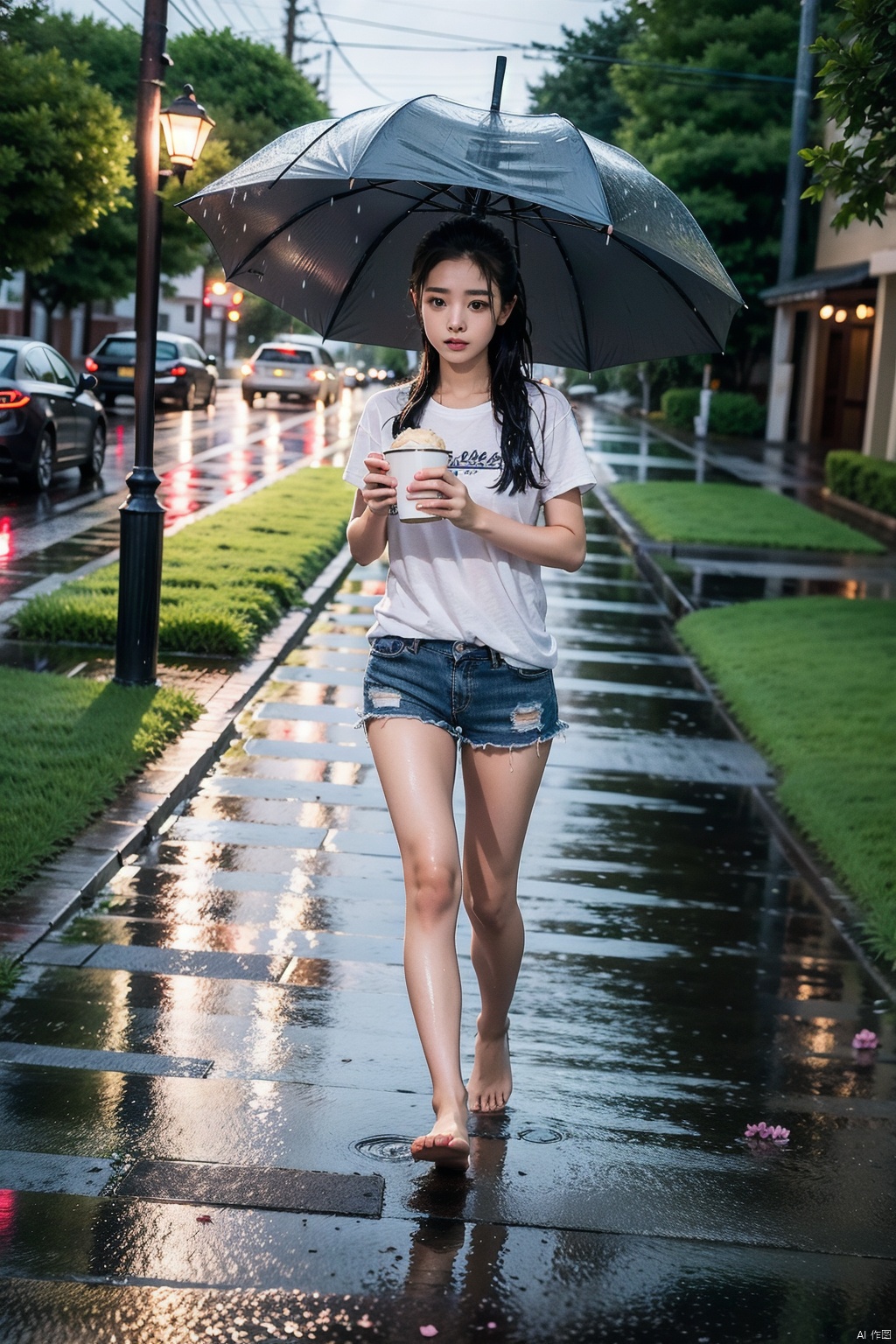  Young girl with umbrella, walking in the rain, barefoot, barefoot walking on the wet street, alone, wet body, the ground covered with fallen flowers, add detail, add background, long broken silver hair, rainy summer night, short sleeve shorts, young girl, holding a cup of ice cream, followed by a little black pig at her feet, songyi