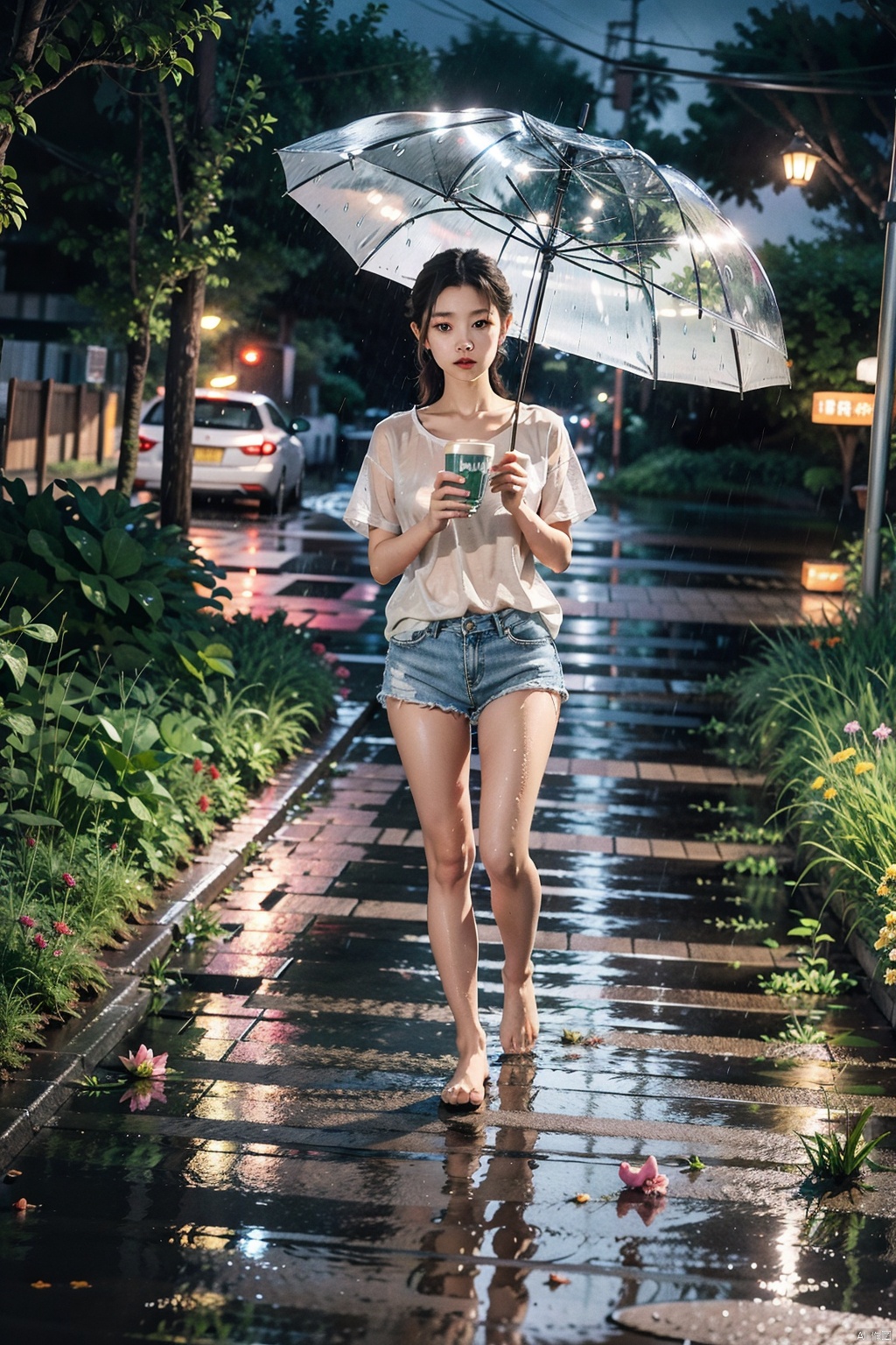  Young girl with umbrella, walking in the rain, barefoot, barefoot walking on the wet street, alone, wet body, the ground covered with fallen flowers, add detail, add background, long broken silver hair, rainy summer night, short sleeve shorts, young girl, holding a cup of ice cream, followed by a little black pig at her feet, songyi