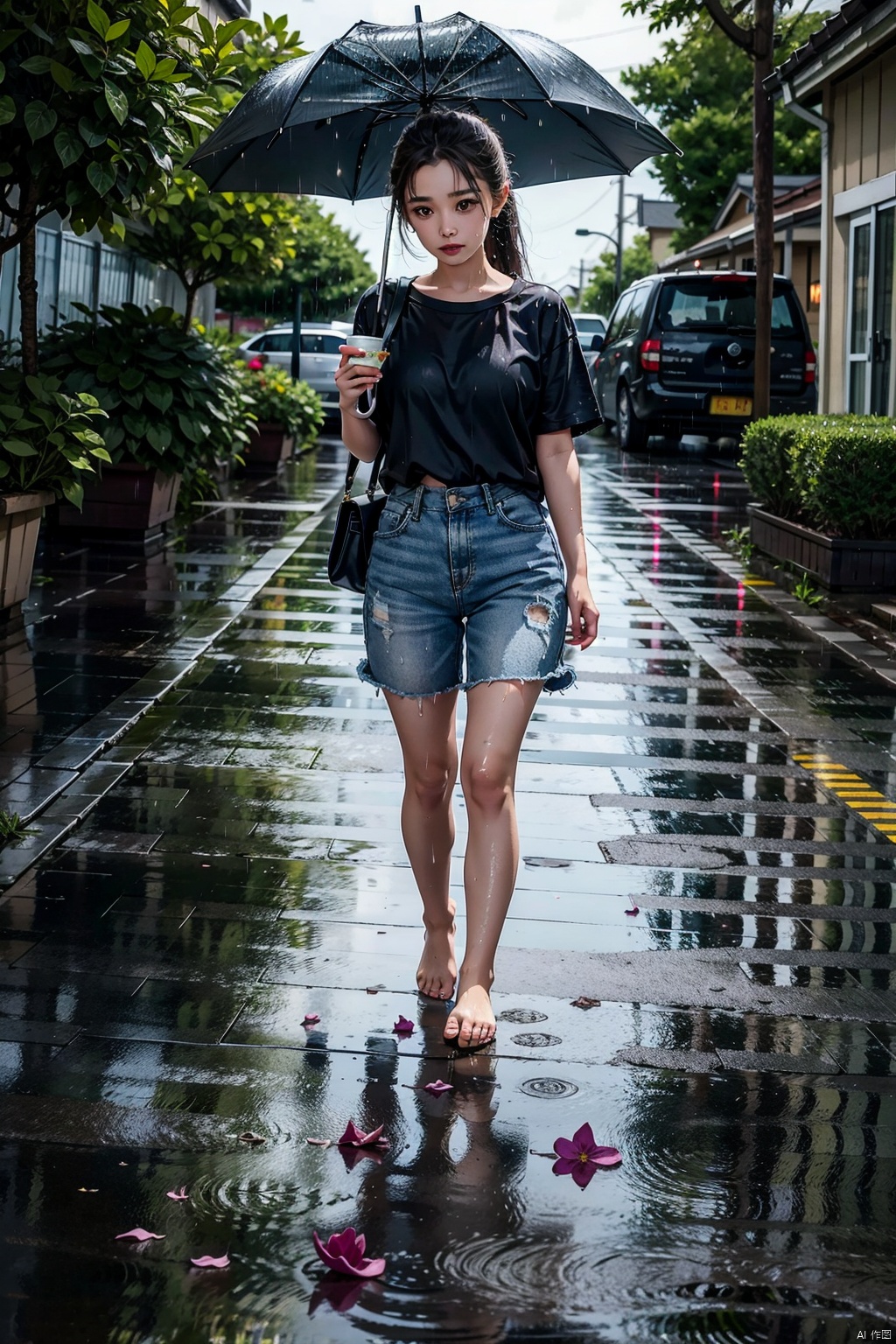  Young girl with umbrella, walking in the rain, barefoot, barefoot walking on the wet street, alone, wet body, the ground covered with fallen flowers, add detail, add background, long broken silver hair, rainy summer night, short sleeve shorts, young girl, holding a cup of ice cream, followed by a little black pig at her feet, songyi