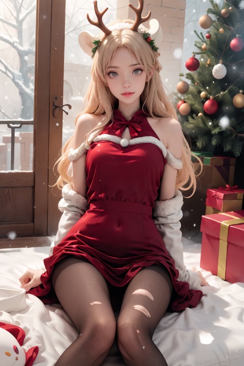  ((best quality)), ((masterpiece)), small breasts,20-year-old girl, (solo), (snowing:1.5),((snow Forest background)), ((christmas red velvet shawl dress, plush antler headwear)), Vintage portal, photography style, soft focus,Blonde hair, freckles, Detailed light and shadow, Front light source, christmas photo, christmas tree, Christmas present, Christmas stocking, White lace knee socks, warm ligh,hair ornaments,1girl, xiqing, tutututu, NSFW, 1girl, red skirt, (tutututu), spider_lily,SFW, medium breasts, CN GIRL5, torn pantyhose