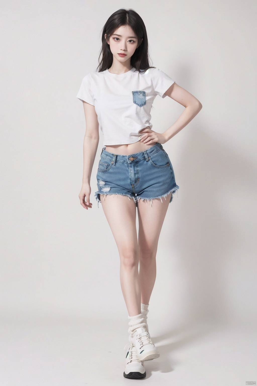 White sneakers, white socks, white T-shirt short sleeves, blue denim shorts, young girl, long legs and big breasts, nice day, delicate face, pear-shaped body, tall woman, model body, waist-to-hip ratio perfect, adds detail, adds background, fair skin, oily body, dancing, supermodel, dopamine, aimeibo, MUSCULAR FEMALE