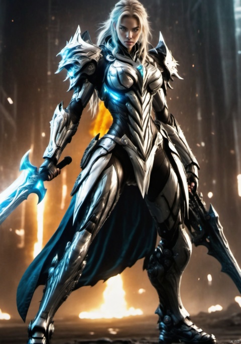 A double ponytail girl, tall woman, long-legged beauty, toned figure, smooth muscle lines, increase body details, increase muscle lines, increase background, female warrior wielding a long axe, a giant axe wrapped in lightning and fire, young girl, white tiger mount, Future technology battle armor, biological battle armor, city guard, War Hime, Valkyries, fighting women, Tight combat suit, monster armor, Real combat effects, movie texture, movie light effects, Wide shoulders, narrow waist, pear-shaped body, open-fingered combat gloves, Biotech, two legs, two arms, two hands, two feet, five toes, five fingers, increased combat damage, blood rush battle scenes,