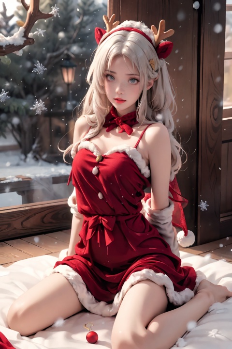  ((best quality)), ((masterpiece)), small breasts,20-year-old girl, (solo), (snowing:1.5),((snow Forest background)), ((christmas red velvet shawl dress, plush antler headwear)), Vintage portal, photography style, soft focus,Blonde hair, freckles, Detailed light and shadow, Front light source, christmas photo, christmas tree, Christmas present, Christmas stocking, White lace knee socks, warm ligh,hair ornaments,1girl, xiqing, tutututu, NSFW, 1girl, red skirt, (tutututu), spider_lily,SFW, medium breasts, CN GIRL5, torn pantyhose, HUBG_CN_illustration, christmas