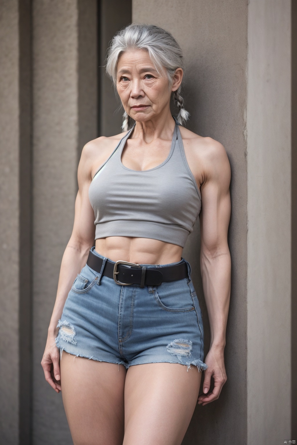  Movie texture, super-clear detail, muscular, tall women, wide shoulders, narrow waist, crop halter vest, buckle belt, denim shorts, holster on thigh, Barrett sniper rifle over shoulder, aiming at distant enemies, assassins, world set, 16k, long hair beauty, long legs, body proportions perfect, wearing combat boots, toned body, tanning fitness, full of detail, Extreme vascular and hair detail, wild beauty, Sassy sister, high class, fingerless gloves, five fingers, two hands, two legs, oily skin, bloodshot thighs, pear-shaped body, perfect waist-to-hip ratio, multiple braids, silver hair, body scars, aimeibo