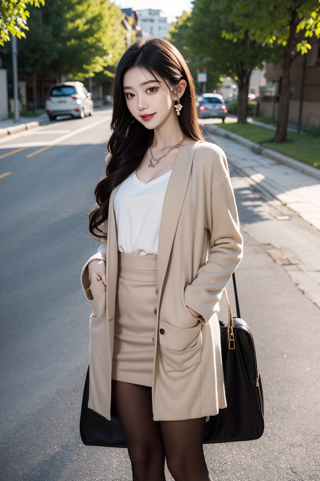 Eastern female, young girl, girlish feeling, sweet smile on the face, slim figure, full chest, big chest, long legs, fleshy body, no pencil legs, five toes, five fingers, two legs, two hands, pantyhose, pantyhose feet, wearing high heels, beige long trench coat, high beauty, small fragrance, holding a baby, baby fat, earrings, Necklace, soft light, road background, short skirt suit, movie texture, 16K, HD picture quality, real girl, full of details, super details, long hair, updo, confident woman, full of charm, sexy, protruding back, great hips, maternal glory, baby carriage