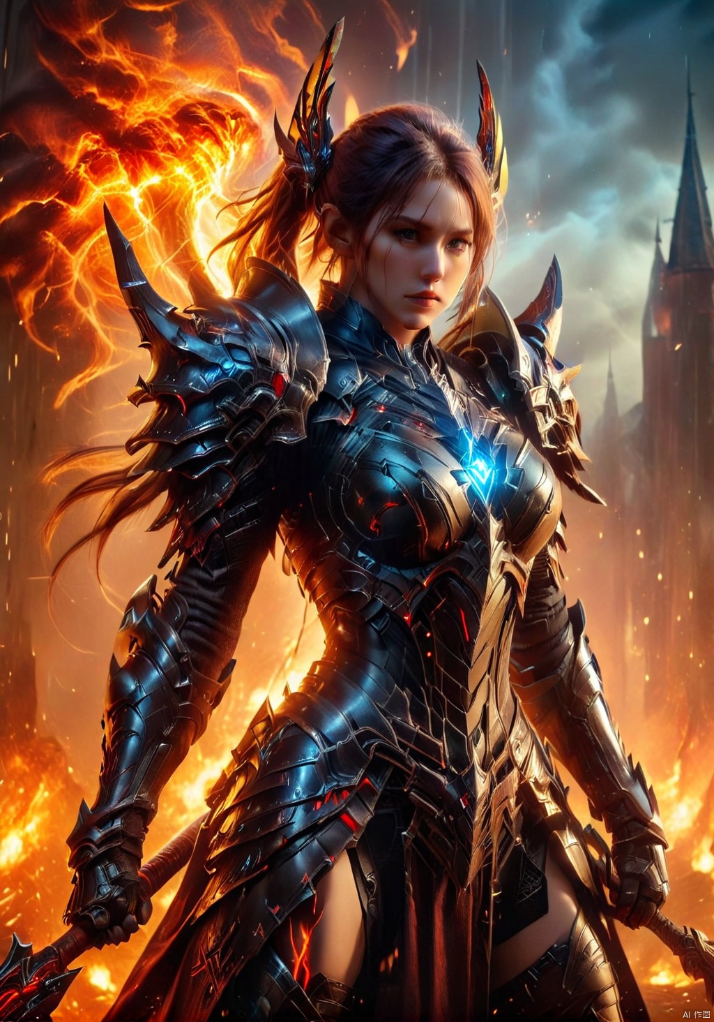 A double ponytail girl, tall woman, long-legged beauty, toned figure, smooth muscle lines, increase body details, increase muscle lines, increase background, female warrior wielding a long axe, a giant axe wrapped with lightning and fire, young girl, high quality beauty sister, future technology battle armor, biological battle armor, city guard, War Hime, Valkyra, fighting women, Tight combat suit, monster armor, Real combat effects, movie texture, movie light effects, Wide shoulders, narrow waist, pear-shaped body, open-fingered combat gloves, Biotech, two legs, two arms, two hands, two feet, five toes, five fingers, increased combat damage, blood rush battle scenes,