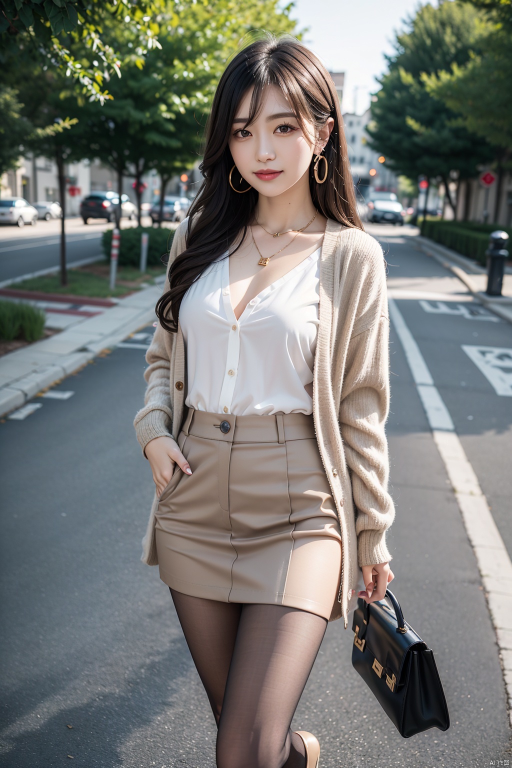 Eastern women, young girls, girlish feeling, sweet smile on the face, slim figure, full chest, big chest, long legs, fleshy body, no pencil legs, five toes, five fingers, two legs, two hands, pantsuits printed stockings, stockings feet, wearing high heels, beige long windbreakers, high beauty, small fragrance, carrying bags, earrings, necklaces, Soft light, road background, short skirt suit, movie texture, 16K, HD picture quality, real girl, detail full, super detail, long hair, updo, confident woman, full of charm, sexy