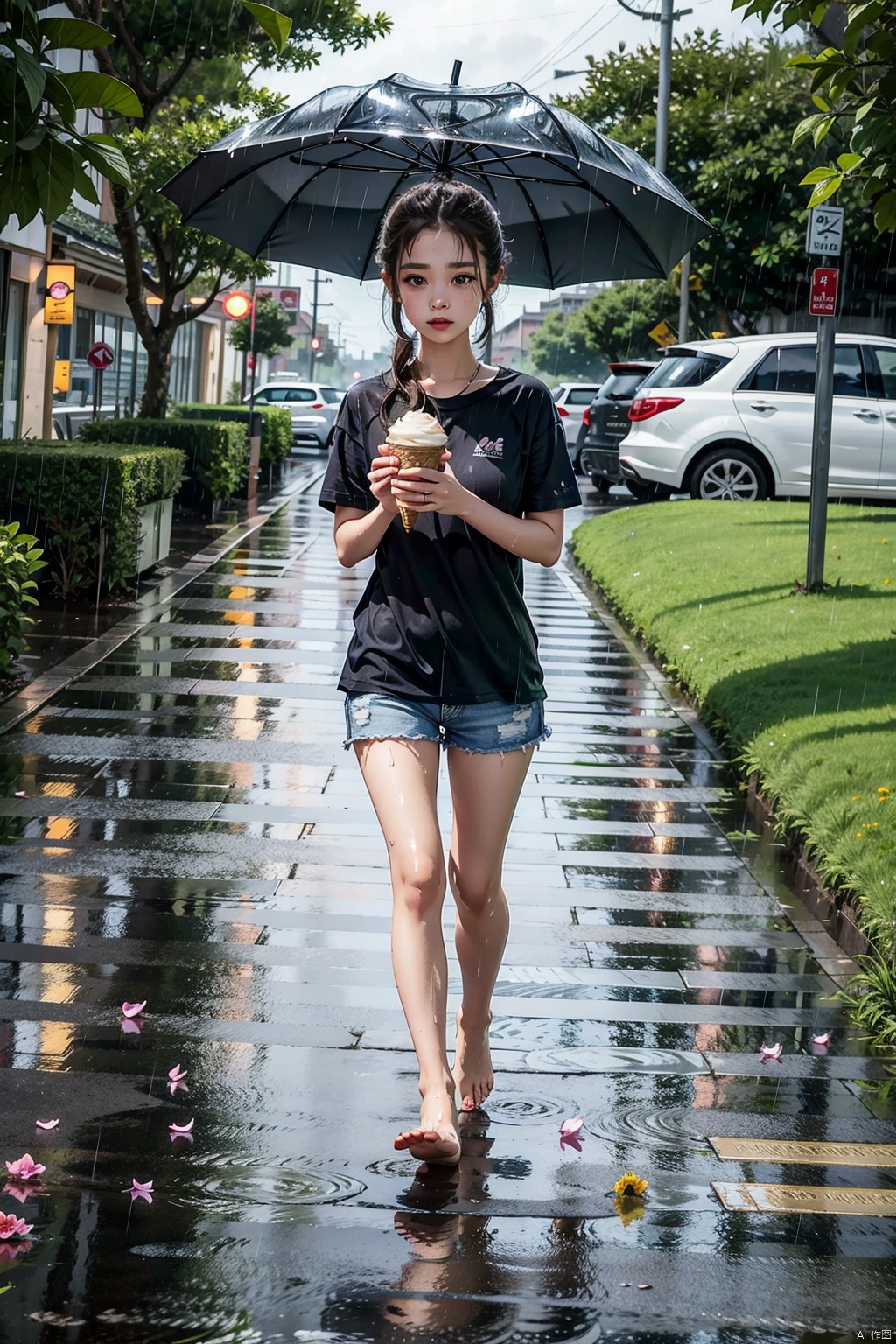  Young girl with umbrella, walking in the rain, barefoot, barefoot walking on the wet street, alone, wet body, the ground covered with fallen flowers, add detail, add background, long broken silver hair, rainy summer night, short sleeve shorts, young girl, holding a cup of ice cream, followed by a little black pig at her feet, songyi