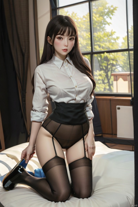 Girl sitting on a bed with two legs, kneeling on two legs, long hair beauty, a girl, wide shoulders and narrow waist, pear-shaped figure, tall woman, big bed by the window, soft light, underwear temptation, ripped black stockings, fleshy thighs, long legs and big breasts, toned body, muscular little sister, two legs, two arms, two feet, two hands, five toes, five fingers, temptation, Silk stockings, stockings feet, stockings beauty, increase muscle, increase detail, increase body detail, perfect waist-to-hip ratio, model grade body, LANDING STRIP FEMALE PUBIC HAIR,Open underwear, add leg detail, add foot detail, girl,