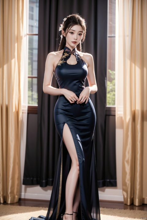 An elegant woman standing at the window, pulling the tulle curtain, the sun shines through the curtain on the woman's body, soft light, art photo, tall women, wide shoulders and narrow waist, perfect waist-to-hip ratio, pear-shaped figure, long legs and big breasts, realistic beauty, bodybuilding, hair with a hairpin, backless cheongsam, a cheongsam with a slit to the leg root, exposing legs, bare feet, Confident woman, socialite evening dress, halter evening dress, arms around, one hand behind one hand on the chest, real beauty, add muscle, add detail, art, body art, body portrait, high sense, back kill, ass,