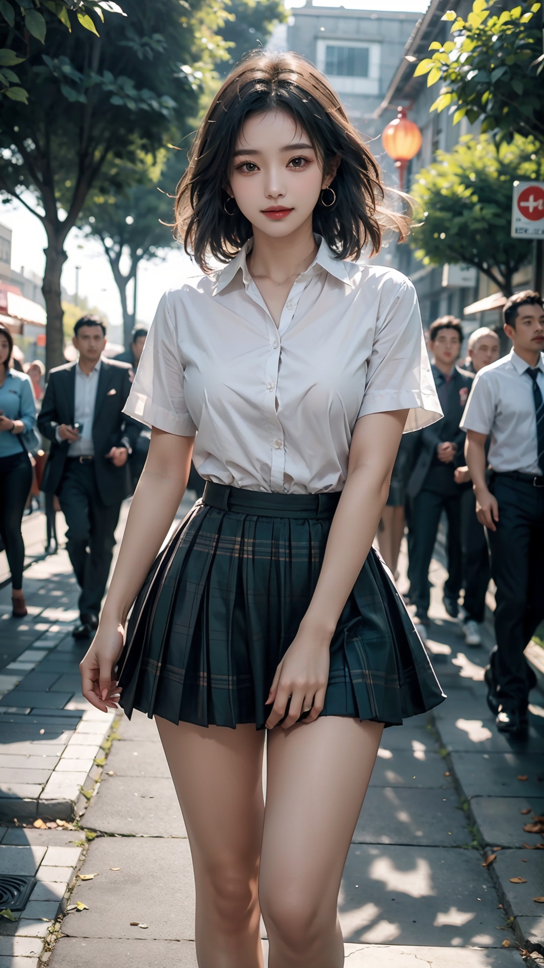  Woman posinginschoolyard、top-quality、女の子1 a person、middlebreasts、tag、with light glowing、blur backgroun、bokeh dof、outside ofhouse、(Street:0.8)、(aperson々、Large crowds:1、A slender、large full breasts、hi-school girl、Clothes that adhere perfectly to the body、White collared shirt、shortsleeves、（Pleated skirt with dark green check)、Floating hair、Long、Forehead:0.8)、Beautiful skywithdetails、耳Nipple Ring、A slender、Sareme、 (above knee)、Soft lighting、the wind、glowy skin、A smile、The wind is blowing、