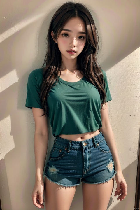  1 girl, single, long hair, chest, looking at the viewer, brown hair, shirt, brown eyes, medium chest, shorts, lips, short shorts, denim, mailbox, denim shorts, green shirt, shorts, photo background