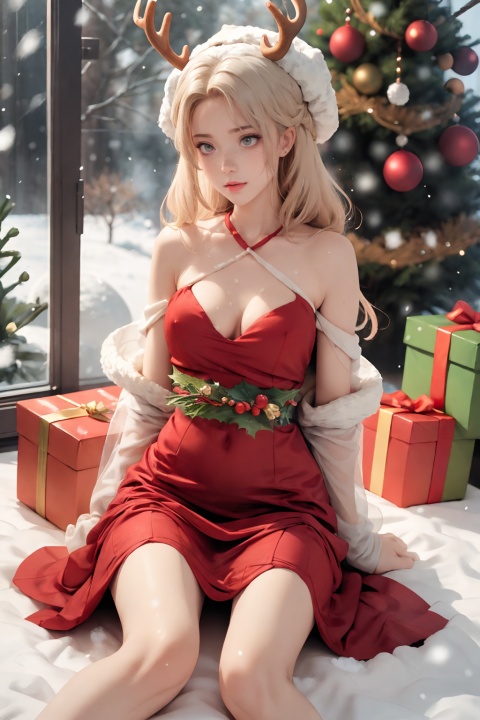  ((best quality)), ((masterpiece)), small breasts,20-year-old girl, (solo), (snowing:1.5),((snow Forest background)), ((christmas red velvet shawl dress, plush antler headwear)), Vintage portal, photography style, soft focus,Blonde hair, freckles, Detailed light and shadow, Front light source, christmas photo, christmas tree, Christmas present, Christmas stocking, White lace knee socks, warm ligh,hair ornaments,1girl, xiqing, tutututu, NSFW, 1girl, red skirt, (tutututu), spider_lily,SFW, medium breasts, CN GIRL5, torn pantyhose, HUBG_CN_illustration, christmas, yunbin