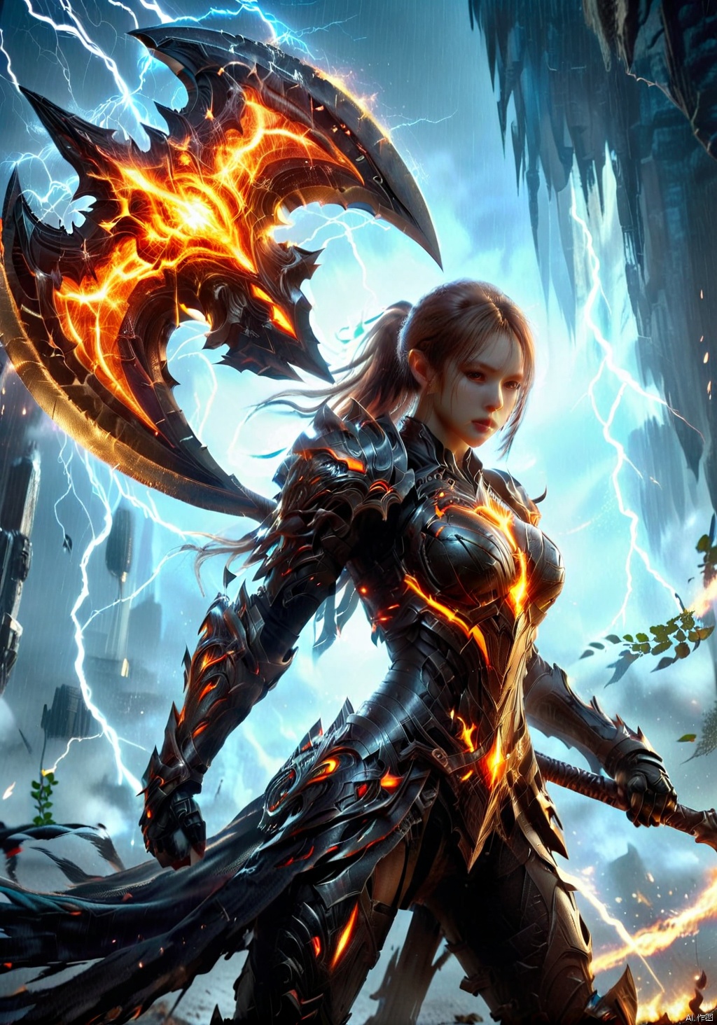 A double ponytail girl, tall woman, long-legged beauty, toned figure, smooth muscle lines, increase body details, increase muscle lines, increase background, female warrior wielding a long axe, a giant axe wrapped with lightning and fire, young girl, high quality beauty sister, future technology battle armor, biological battle armor, city guard, War Hime, Valkyra, fighting women, Tight combat suit, monster armor, Real combat effects, movie texture, movie light effects, Wide shoulders, narrow waist, pear-shaped body, open-fingered combat gloves, Biotech, two legs, two arms, two hands, two feet, five toes, five fingers, increased combat damage, blood rush battle scenes,