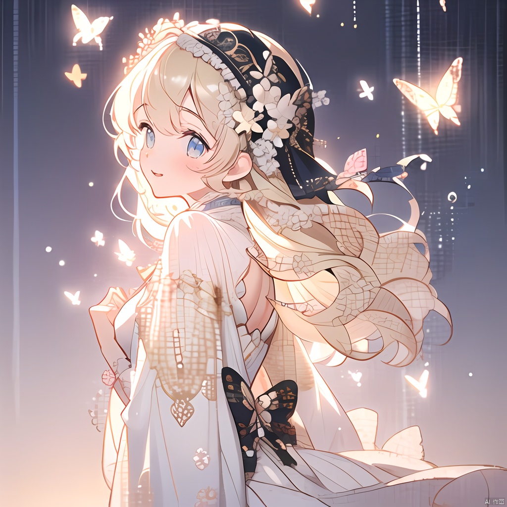  (((masterpiece))), ((best quality)), ((intricate detailed)),(\shen ming shao nv\), glowing butterfly, 1girl,from left side, long hair, blonde hair, white dress,Upper body to thighs, watery eyes,delicate detailed eyes,long hair,black hair mange style,long sleeve,flower headband,4k,8k,round eyes,round pupil,happy,colourful,fantasy magical,complex hair detail,happy,texture on clothings, girl