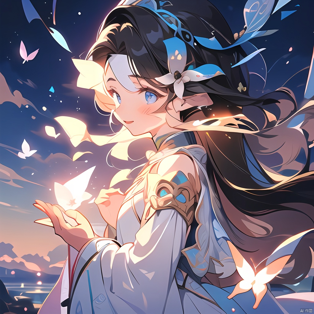  (((masterpiece))), ((best quality)), ((intricate detailed)),(\shen ming shao nv\), glowing butterfly, 1girl,from left side, long hair, blonde hair, white dress,Upper body to thighs, watery eyes,delicate detailed eyes,long hair,black hair mange style,long sleeve,flower headband,4k,8k,round eyes,round pupil,happy,colourful,fantasy magical,complex hair detail,happy,texture on clothings, girl