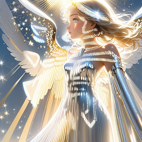  masterpiece, ((ultra-detailed)), (illustration), (detailed light),((an extremely delicate and beautiful)),(beautiful detailed eyes), (sunlight),(angel),solo,young girls,dynamic angle,floating, bare_shoulders,looking_at_viewer ,wings ,arms_up,halo,Floating white silk,(Holy Light),just like silver stars imploding we absorb the light of day,Contrast between warm and cold,Future City,FilmGirl
