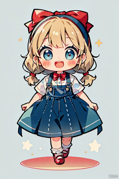 1girl, solo, long hair, looking at viewer, blush, smile, open mouth, bangs, blue eyes, blonde hair, simple background, shirt, white background, bow, twintails, standing, full body, white shirt, braid, short sleeves, :d, hair bow, hairband, shoes, socks, twitter username, red bow, twin braids, watermark, blush stickers, white socks, red footwear, green bow, female child, overalls, green hairband, overall shorts