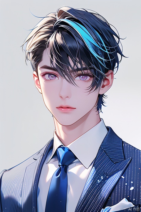  solo, looking at viewer, short hair, blue eyes, shirt, 1boy, white background, closed mouth, blue hair, jacket, upper body, male focus, multicolored hair, necktie, striped, collared shirt, artist name, lips, watermark, formal, suit, blue jacket, portrait, blue necktie,full body, Luke_Pearce