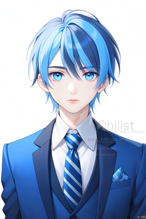  solo, looking at viewer, short hair, blue eyes, shirt, 1boy, white background, closed mouth, blue hair, jacket, upper body, male focus, multicolored hair, necktie, striped, collared shirt, artist name, lips, watermark, formal, suit, blue jacket, portrait, blue necktie,full body,