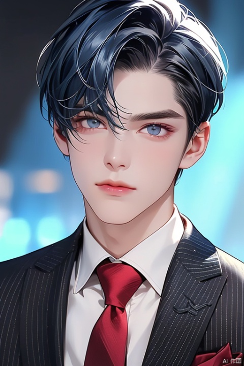  solo, looking at viewer, short hair, blue eyes, shirt, 1boy, white background, closed mouth, blue hair, jacket, upper body, male focus, multicolored hair, necktie, striped, collared shirt, artist name, lips, watermark, formal, suit, blue jacket, portrait, blue necktie,full body,