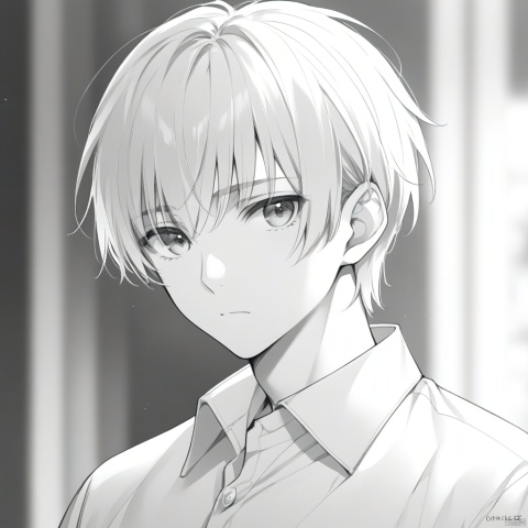  solo, looking at viewer, short hair, bangs, shirt, 1boy, closed mouth, monochrome, greyscale, male focus, collared shirt, artist name, blurry, blurry background, portrait,shirt,shirt,multiple views,