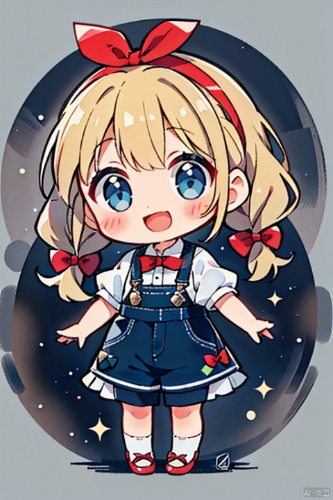 1girl, solo, long hair, looking at viewer, blush, smile, open mouth, bangs, blue eyes, blonde hair, simple background, shirt, white background, bow, twintails, standing, full body, white shirt, braid, short sleeves, :d, hair bow, hairband, shoes, socks, twitter username, red bow, twin braids, watermark, blush stickers, white socks, red footwear, green bow, female child, overalls, green hairband, overall shorts