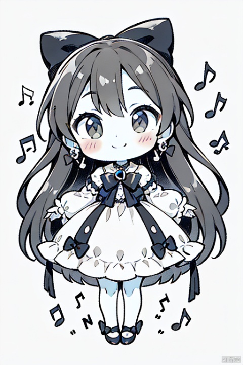  1boy, solo, long hair, looking at viewer, blush, smile, white background, dress, bow, jewelry, very long hair, full body, hair bow, greyscale, musical note, eighth note