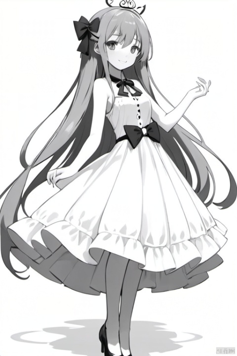 1girl, solo, long hair, looking at viewer, blush, smile, white background, dress, bow, jewelry, very long hair, monochrome, full body, hair bow, greyscale, musical note, eighth note