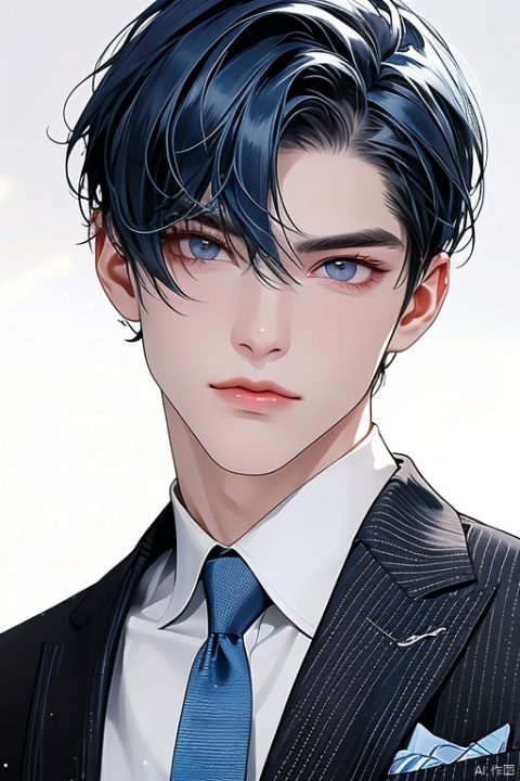  solo, looking at viewer, short hair, blue eyes, shirt, 1boy, white background, closed mouth, blue hair, jacket, upper body, male focus, multicolored hair, necktie, striped, collared shirt, artist name, lips, watermark, formal, suit, blue jacket, portrait, blue necktie
