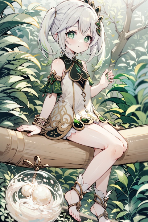 （masterpiece, best quality, best shadow,official art, unity 8k wallpaper, correct body proportions）,
(1 girl),nahida \(genshin impact\),((white hair,multicolored hair)), side ponytail,hair ornament,green eyes,symbol-shaped pupils,pointy ears, jewelry, detached sleeves,bracelet, ,(white dress), 
 ((full body)),(bare legs , bare_feet) ,
beautiful detailed eyes, eyelid pull , aqua eyes, 
((Forest background)),(Smile at the perspective),(((Best hand details, best foot details))), 
nijistyle,Metal_wing,1 girl,hentai xray ,nahida \(genshin impact\),hentai xray 