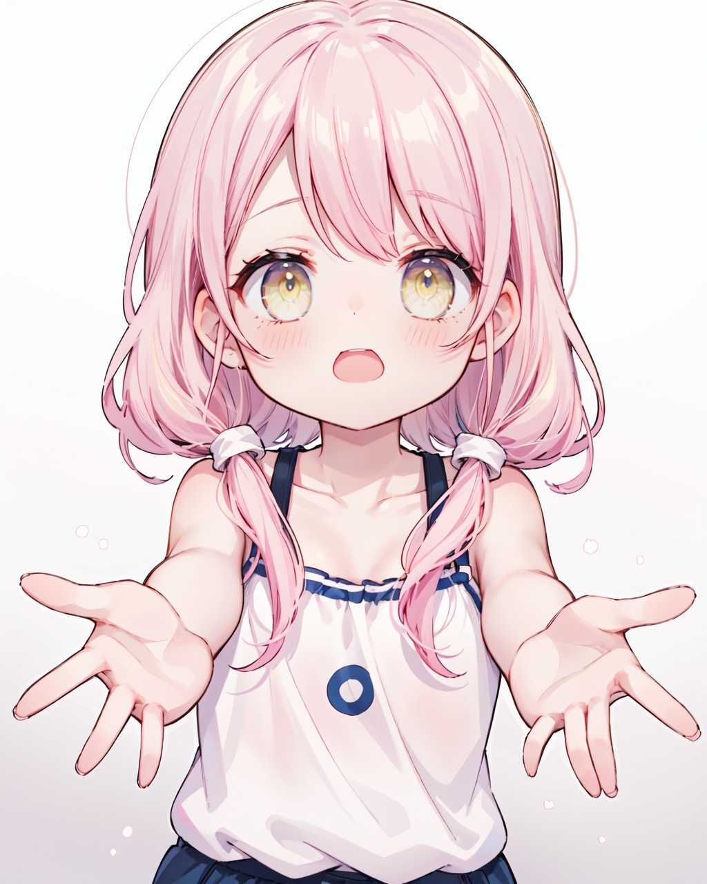 1girl, solo,looking at viewer,collarbone, blush,bare arms, bare shoulders, reaching out,close range, pink hair,yellow eyes,hair over one eye,hair tie,medium hair with long locks , low tied,low ponytail,long locks,solo locks,child,**all breasts,bare shoulders,blush,light **ile,open mouth, winking, standing,upper body,white background, 