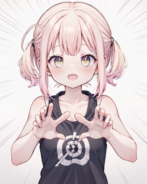 1girl, solo,looking at viewer,collarbone, blush,bare arms, bare shoulders, reaching out,close range, pink hair,yellow eyes,hair over one eye,hair tie,medium hair with long locks , low tied,low ponytail,long locks,solo locks,child,**all breasts,bare shoulders,blush,light **ile,open mouth, winking, standing,upper body,white background, ,hentai xray 