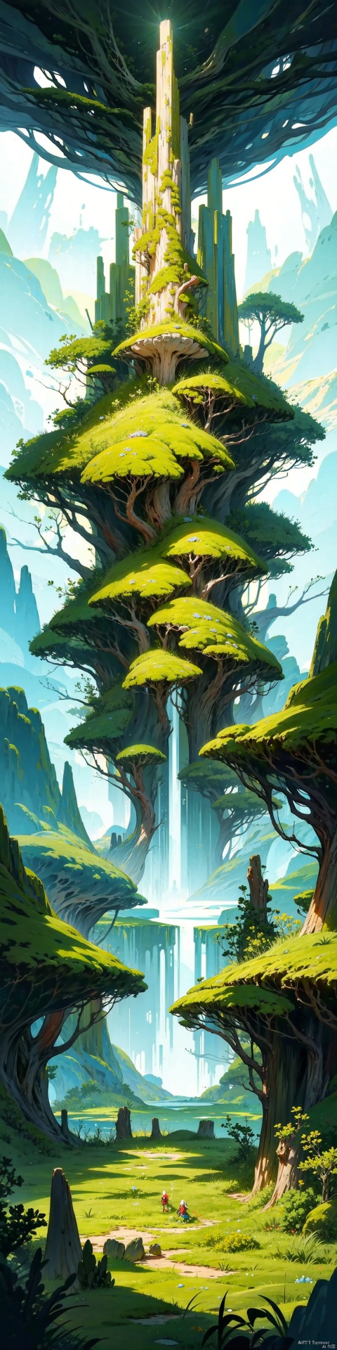  A mystical and epic landscape, featuring a fantastical and surreal world of floating islands, giant trees, and mythical creatures, that transport the viewer to a world of imagination and wonder, artstation, digital art, intricate, trending, bright colors, moss(style)