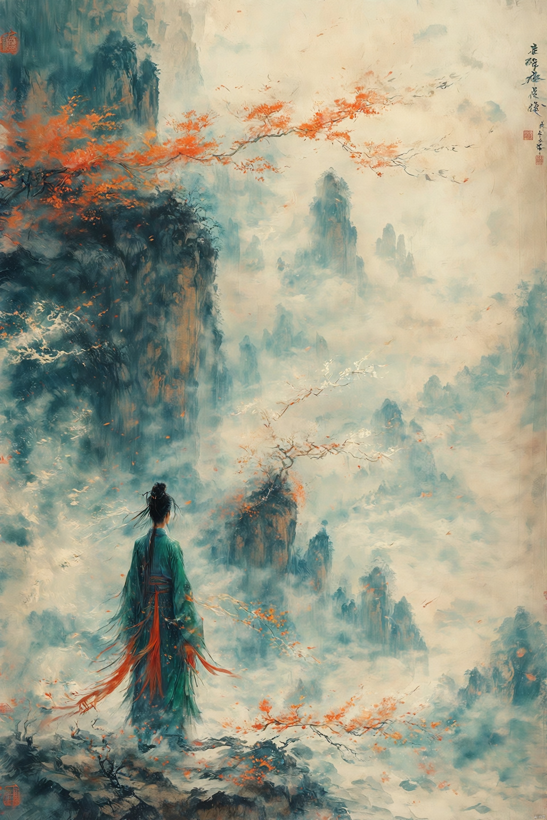  Drone View. An ancient Chinese cultivator walks among many undulating scrolls of calligraphy and paintings. The scrolls are covered with calligraphic characters. He is holding a long sword and wearing a flowing silk Chinese dress with long hair flowing in the wind ::3 3D rendering of a Chinese ink painting scene. Pale gold and emerald green. The scene looks grand in scale from above. Clear light and shadow, subtle starlight floating in the sky, creating a dreamy surreal atmosphere. Ultra-high resolution, the overall composition is very artistic and spatial. Brushstrokes, soft flow, history painting, 3D rendering