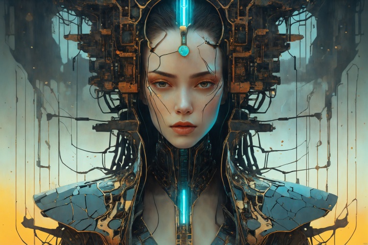  The artwork is a detailed, symmetrical portrait of a cyberpunk neuronet goddess made of delicate broken cracked corrode rust damaged porcelain and lit with backlighting. It was created by Victo Ngai and H. R. Giger and rendered using Octane. The piece is trending on CGsociety and Artstation and is highly detailed and vibrant. It is set in outer space and features a vanishing point and a super highway. It is a digital render and digital painting. 8 k, haze fog smoke, back lighting, sparks spark, fire, silhouette, in a apocalypse destroyed war zone city background, The vibrant colors and intricate details on the artwork hinted at a hidden message, a clue to their next destination. They knew it was a crucial piece of the puzzle that could unravel the mysteries of their post-apocalyptic world. With the vanishing point and super highway in the background, it seemed to suggest a path to a new beginning, a way to escape the confines of their war-torn reality.