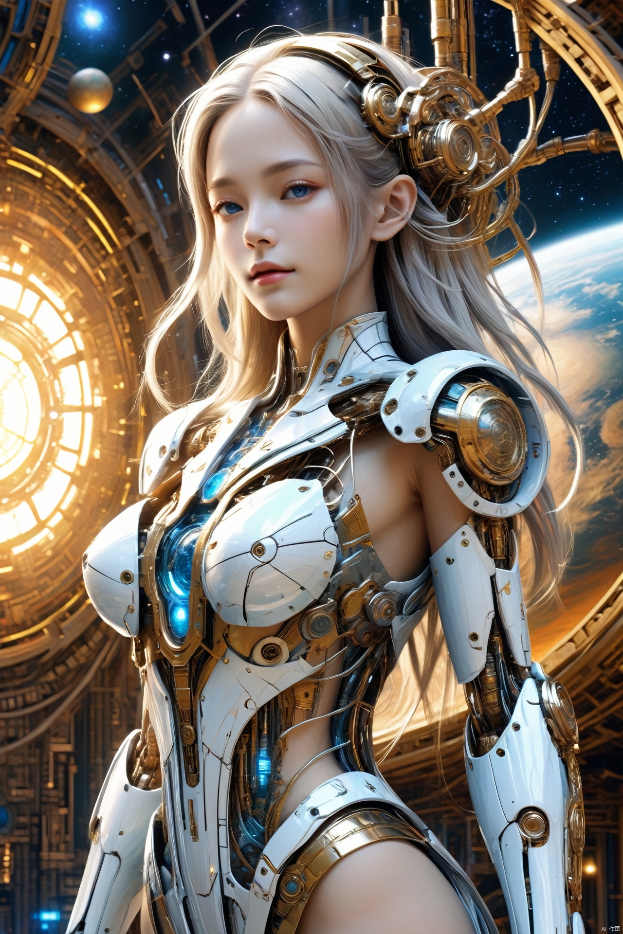  (masterpiece, best quality:2.0),Planet rotation, universe, nebula, stars,masterpiece, best quality, Universe Sky Theme dress,1girl,thin body,tall,,standing,((White long hair)), bangs, blue eyes, smile, (masterpiece, best quality:1.2), Mystical Serenity, Cybernetic Utopia, Augmented Realities, Sacred Technological Fusion, Transcendent Mindfulness, Futuristic Cybernetics, Mechanical Marvels, Divine Connections, Techno-Spiritual Awakening, Cybernetic Enlightenment, Sacred Circuitry, Transhumanistic Reflections, Cybernetic Zen, Mechanical Ascendance, Divine Integration of Technology, Techno-Spiritual Harmony, Cybernetic Transcendence, Sacred Synthesis of Man and Machine, Technological Divinity, Cybernetic Path to Enlightenment, Mechanical Visions of the Divine, Techno-Spiritual Evolution, Cybernetic Sacred Geometry, Mechanical Limbs of Enlightenment, Technological Sanctity, Cybernetic Nexus of the Divine, Sacred Code of the Future, Techno-Spiritual Exploration, Cybernetic Temple of Transcendence, Mechanical Wonders of the Sacred Realm, Technological Pathways to the Divine, Cybernetic Harmony with the Sacred, Mechanical Manifestations of the Divine, Techno-Spiritual Union with Technology, 1girl, CRGF