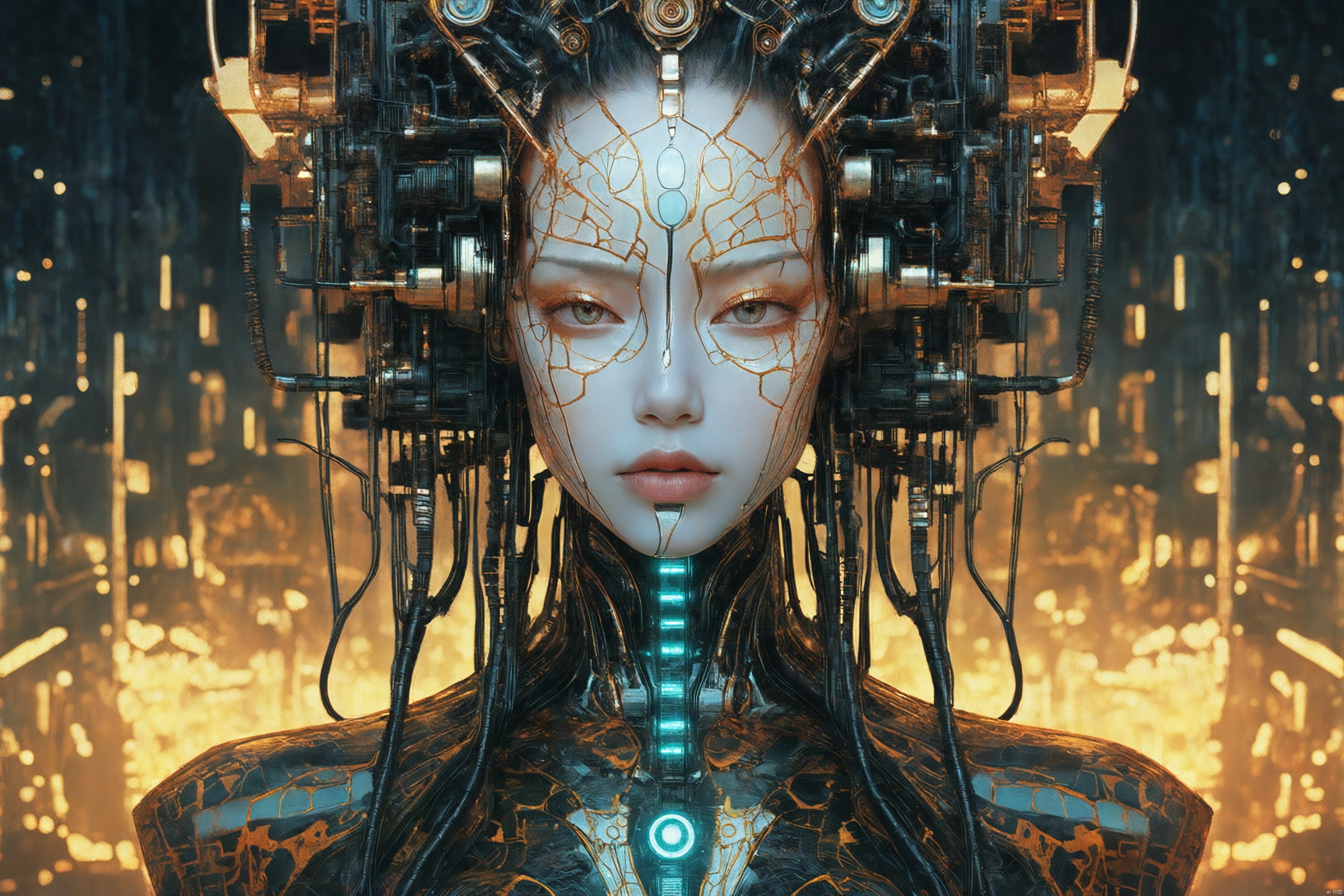  This artwork is a detailed symmetrical portrait of a cyberpunk neural network goddess, made of exquisitely broken, cracked, corroded, and rusted porcelain and illuminated with backlight. It is composed of Victo Ngai and H R. Giger created and rendered using octane. This work is popular on CGsociety and Artstation, very detailed and full of vitality. This is a digital rendering and digital painting. 8k, haze, smoke, backlight, sparks, sparks, flames, contours, in the backdrop of a war zone city destroyed by the end of the world, as they examine artworks, they feel an energy flowing through their cybernetic veins. They are preparing to embark on a new adventure, deciphering the secrets hidden in digital rendering. It holds the key to unlocking the future, where humanity can rise again, where the remnants of their shattered world can be transformed into magnificent things.